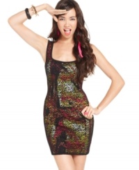 A lace overlay subdues the bold and colorful print on this body-hugging number from Material Girl -- a wild rendition of the trend-right lace dress! A lace overlay subdues the bold and colorful print on this body-hugging number from Material Girl -- a wild rendition of the trend-right lace dress!