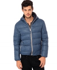Remain warm in this edgy style hooded puffer jacket by Buffalo David Bitton with contrast visible zip. Remain warm in this edgy style hooded puffer jacket by Buffalo David Bitton with contrast visible zip.