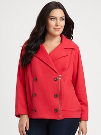 Inspired by the classic peacoat, a soft double-breasted style with a stylish off-center zipper. You will also be a fan of its convenient slash pockets.Notched collarLong sleevesAsymmetrical zipperSlash pocketsBack yokeAbout 26 from shoulder to hemCotton/polyesterMachine washMade in USA Inspired by the classic peacoat, a soft double-breasted style with a stylish off-center zipper. You will also be a fan of its convenient slash pockets.Notched collarLong sleevesAsymmetrical zipperSlash pocketsBack yokeAbout 26 from shoulder to hemCotton/polyesterMachine washMade in USA