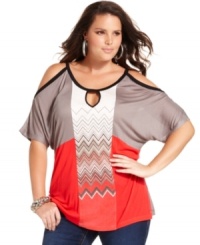 Show off your shoulders with Seven7 Jeans' short sleeve plus size top, highlighted by a zigzag print. Show off your shoulders with Seven7 Jeans' short sleeve plus size top, highlighted by a zigzag print.