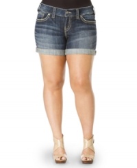 Silver Jeans gets a new crop for spring! These plus size shorts feature classic styling and cute cuffs at the hem. Silver Jeans gets a new crop for spring! These plus size shorts feature classic styling and cute cuffs at the hem.