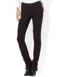 An allover plaid pattern lends heritage appeal to Lauren Jeans Co.'s straight pant crafted in textured stretch twill. An allover plaid pattern lends heritage appeal to Lauren Jeans Co.'s straight pant crafted in textured stretch twill.
