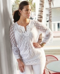 A sheer delight: Alfani's three-quarter sleeve plus size top, featuring a whimsical polka-dot pattern and crochet trim. (Clearance) A sheer delight: Alfani's three-quarter sleeve plus size top, featuring a whimsical polka-dot pattern and crochet trim. (Clearance)