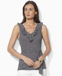 A curve-clinging blend of cotton and modal gives Lauren by Ralph Lauren's striped V-neck petite top a chic, feminine silhouette, finished with airy ruffles and a self-tie sash for ultra-flirty appeal. A curve-clinging blend of cotton and modal gives Lauren by Ralph Lauren's striped V-neck petite top a chic, feminine silhouette, finished with airy ruffles and a self-tie sash for ultra-flirty appeal.