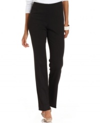 A flat front and elastic waistband give these straight-leg petite pants from Charter Club a slim silhouette perfect for tucking in tees or pairing with tunics!