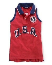 A red, white and blue design with U.S.A. patching and embroidered emblems gives a preppy, all-American look to the classic sleeveless polo, celebrating Team USA's participation in the 2012 Olympics. A red, white and blue design with U.S.A. patching and embroidered emblems gives a preppy, all-American look to the classic sleeveless polo, celebrating Team USA's participation in the 2012 Olympics.