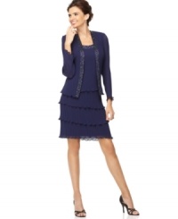 Make a stylish impression in this petite long-sleeved dress from Patra. Beaded borders and flirty tiers make it a standout style, perfect for your next special occasion.