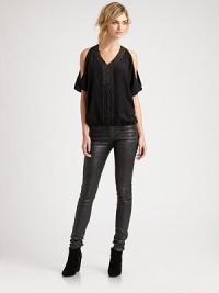 Sprinkled in soft leather embellishments, this pure silk top has split flutter sleeves and an elasticized hem for a tailored fit. Leather-trim v-neckSplit flutter sleevesElasticized hemBody: SilkTrim: LeatherDry clean with leather specialistImportedModel shown is 5'10 (177cm) wearing US size Small. Sprinkled in soft leather embellishments, this pure silk top has split flutter sleeves and an elasticized hem for a tailored fit. Leather-trim v-neckSplit flutter sleevesElasticized hemBody: SilkTrim: LeatherDry clean with leather specialistImportedModel shown is 5'10 (177cm) wearing US size Small.