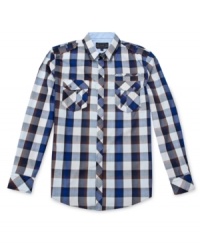 Saddle up to this western-inspired buffalo check shirt from No Retreat for some modern cool style. Saddle up to this western-inspired buffalo check shirt from No Retreat for some modern cool style.