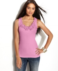 INC's basic petite tank top looks even more elegant with a neckline full of rosettes! INC's basic petite tank top looks even more elegant with a neckline full of rosettes!