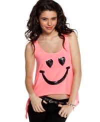 Put on a happy face with this sequined tank from Pretty Rebellious -- and bring chic animation to your stock of hot weather tops! Put on a happy face with this sequined tank from Pretty Rebellious -- and bring chic animation to your stock of hot weather tops!