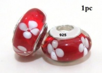 1 Red White Flower Theme Murano Glass Charm Bead (Authentic 925 ALE Sterling Silver) Compatible w/ Pandora, Chamilia, Troll and Biagi