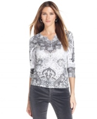 Style&co.'s printed petite henley features a studded motif that's the perfect way to dress up your favorite denim. Style&co.'s printed petite henley features a studded motif that's the perfect way to dress up your favorite denim.