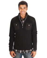 This Marc Ecko Cut & Sew sweater has a sleek zip neck design and a sleek modern fit. This Marc Ecko Cut & Sew sweater has a sleek zip neck design and a sleek modern fit.
