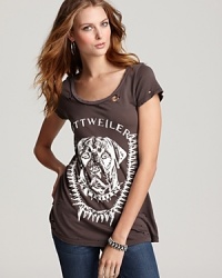 A fierce rottweiler graphic emboldens this Lauren Moshi Tee, complete with all-too-appropriate holes for extra edge. A fierce rottweiler graphic emboldens this Lauren Moshi Tee, complete with all-too-appropriate holes for extra edge.