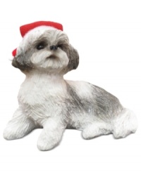 A fetching gift for animal lovers, the Shih Tzu Christmas ornament depicts a show-stopping silver and white pup waiting patiently for treats and dressed for the season. From Sandicast. A fetching gift for animal lovers, the Shih Tzu Christmas ornament depicts a show-stopping silver and white pup waiting patiently for treats and dressed for the season. From Sandicast.