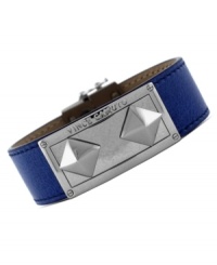 Sassy in sapphire. This leather snap bracelet from Vince Camuto has an edge to it. Featuring studs crafted from silver tone mixed metal and an ID plaque, it brings the right amount of attitude. Approximate length: 8 inches. Sassy in sapphire. This leather snap bracelet from Vince Camuto has an edge to it. Featuring studs crafted from silver tone mixed metal and an ID plaque, it brings the right amount of attitude. Approximate length: 8 inches.
