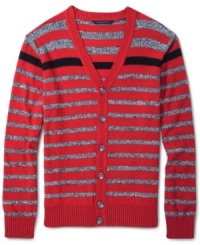This Sean John cardigan is dressed up in colorful stripes for a classy preppy look. This Sean John cardigan is dressed up in colorful stripes for a classy preppy look.