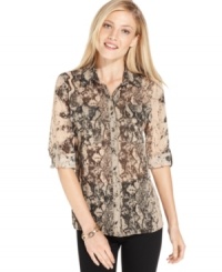 NY Collection puts a sexy snakeskin print on a classic petite button-down blouse! Add this piece to your 9-5 wardrobe for extra oompth. NY Collection puts a sexy snakeskin print on a classic petite button-down blouse! Add this piece to your 9-5 wardrobe for extra oompth.