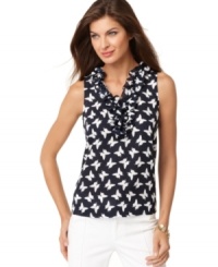 A butterfly print and flirty, ruffled collar give this petite Jones New York Signature top a feminine effect. Try wearing yours with slim-fitting pants in white or red! A butterfly print and flirty, ruffled collar give this petite Jones New York Signature top a feminine effect. Try wearing yours with slim-fitting pants in white or red!