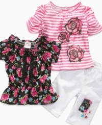 Pluck a sweet style that will never fade with this ruffle top, t-shirt and pants set from Nannette. Pluck a sweet style that will never fade with this ruffle top, t-shirt and pants set from Nannette.