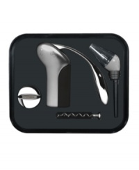 One-stop shopping for wine lovers, this Metrokane barware set features a silvertone Rabbit corkscrew and aerating pourer for fuss-free, just-about-instant gratification. Pourer fits in the mouth of any bottle so you can boost taste and aroma one glass at a time. One-stop shopping for wine lovers, this Metrokane barware set features a silvertone Rabbit corkscrew and aerating pourer for fuss-free, just-about-instant gratification. Pourer fits in the mouth of any bottle so you can boost taste and aroma one glass at a time.