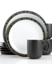 Shades of white, charcoal and black streak across the Jet Stripes set in a sleek, contemporary style for dinnerware. The dishes are perfect for everyday meals and Denby's stoneware design is built to last, crafted to withstand dishwasher, microwave and oven use for unparalleled convenience. Shades of white, charcoal and black streak across the Jet Stripes set in a sleek, contemporary style for dinnerware. The dishes are perfect for everyday meals and Denby's stoneware design is built to last, crafted to withstand dishwasher, microwave and oven use for unparalleled convenience.