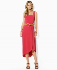 Infused with romantic movement, Lauren by Ralph Lauren's sleek petite tank dress is crafted with subtle pleating at the waist that creates a fluid draped hemline. Infused with romantic movement, Lauren by Ralph Lauren's sleek petite tank dress is crafted with subtle pleating at the waist that creates a fluid draped hemline.