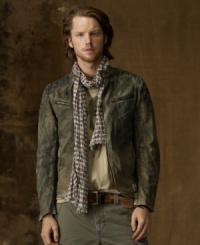 An ultra-faded mud wash gives this denim jacket a rugged outdoors vibe, but its sleek moto styling ensures its status as an edgy layering essential. An ultra-faded mud wash gives this denim jacket a rugged outdoors vibe, but its sleek moto styling ensures its status as an edgy layering essential.