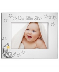 Let him shine. Cherish special moments in the Best Wishes Our Little Star picture frame, featuring polished silver plate with an embossed bear in the moon and dangling star. A cute gift for new parents, from Lenox. Let him shine. Cherish special moments in the Best Wishes Our Little Star picture frame, featuring polished silver plate with an embossed bear in the moon and dangling star. A cute gift for new parents, from Lenox.