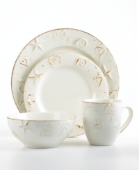 Give every meal the relaxed feel of a seaside retreat with the delightfully rustic Hampton set from Thomson Pottery's collection of dinnerware and dishes. Embossed shells and starfish dusted in sandy bronze swim in a sea of creamy white. A must-have for beach homes.