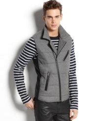 Look sharp, stay warm in this sleek Bar III quilted moto vest. Look sharp, stay warm in this sleek Bar III quilted moto vest.