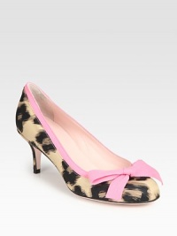 Heightened by a classic kitten heel, this leopard print pump has contrasting grosgrain ribbon trim that concludes with a bow. Self-covered heel, 2¾ (70mm)Leopard-print nylon upperLeather lining and solePadded insoleMade in Italy Heightened by a classic kitten heel, this leopard print pump has contrasting grosgrain ribbon trim that concludes with a bow. Self-covered heel, 2¾ (70mm)Leopard-print nylon upperLeather lining and solePadded insoleMade in Italy