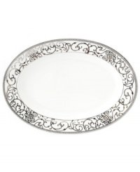Intricate trim and scrolling vines in sparkling platinum make the Cru Athena oval platter a fine-dining sensation and, in dishwasher-safe porcelain, a dream for after dinner as well.