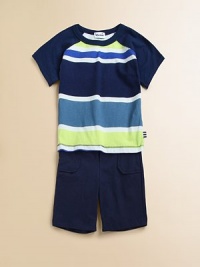 Dashing stripes on a raglan sleeve knit and coordinating shorts create a fresh ensemble for your mini me. Tee CrewneckShort raglan sleevesPullover style Shorts Elastic waistbandFront patch pocket50% cotton/50% modalMachine washPattern variesMade in USA Dashing stripes on a raglan sleeve knit and coordinating shorts create a fresh ensemble for your mini me. Tee CrewneckShort raglan sleevesPullover style Shorts Elastic waistbandFront patch pocket50% cotton/50% modalMachine washPattern variesMade in USA