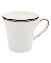 Clean and simple with beaded bands of black and platinum, this teacup boasts universal appeal. Its flared silhouette sounds a contemporary note for dynamic fine dining. Clean and simple with beaded bands of black and platinum, this teacup boasts universal appeal. Its flared silhouette sounds a contemporary note for dynamic fine dining.