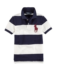 A colorful striped design and Big Pony accent the classic polo shirt in breathable cotton mesh. A colorful striped design and Big Pony accent the classic polo shirt in breathable cotton mesh.