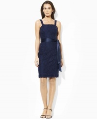Vintage-inspired floral lace set is against a lustrous silk charmeuse bodice to define this simple petite sheath silhouette, from Lauren by Ralph Lauren. (Clearance) Vintage-inspired floral lace set is against a lustrous silk charmeuse bodice to define this simple petite sheath silhouette, from Lauren by Ralph Lauren. (Clearance)