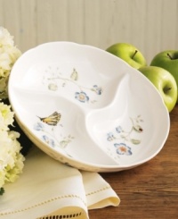 Divide the wealth. Serve three times the delicacies with this divided dish of fine china. With a delicate pattern of butterflies fluttering around their favorite flowers, accented with a few hovering bees and ladybugs, you'll get that lazy meadow feel no matter what you use it for. Divide the wealth. Serve three times the delicacies with this divided dish of fine china. With a delicate pattern of butterflies fluttering around their favorite flowers, accented with a few hovering bees and ladybugs, you'll get that lazy meadow feel no matter what you use it for.