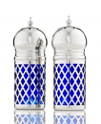 Style in a pinch. Cobalt salt and pepper shakers combine polished nickel-plated domes and a trellis motif over royal blue for a look of utter sophistication. Style in a pinch. Cobalt salt and pepper shakers combine polished nickel-plated domes and a trellis motif over royal blue for a look of utter sophistication.