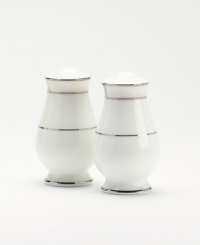 These versatile and stylish salt and pepper shakers will coordinate perfectly with a variety of table linens and flatware. An ornate scroll motif trimmed in platinum adds a sophisticated sensibility to your tabletop. These versatile and stylish salt and pepper shakers will coordinate perfectly with a variety of table linens and flatware. An ornate scroll motif trimmed in platinum adds a sophisticated sensibility to your tabletop.