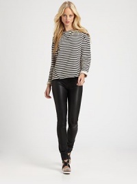 Sleek, sumptuous leather pants offering a skinny-leg silhouette and five-pocket styling.Front button closureZip flyBelt loopsFive-pocket styleInseam, about Rise, about 8.5Lambskin leatherProfessional leather dry cleanerImportedSIZE & FITModel shown is 5'10 (177cm) wearing US size 4. Sleek, sumptuous leather pants offering a skinny-leg silhouette and five-pocket styling.Front button closureZip flyBelt loopsFive-pocket styleInseam, about Rise, about 8.5Lambskin leatherProfessional leather dry cleanerImportedSIZE & FITModel shown is 5'10 (177cm) wearing US size 4.