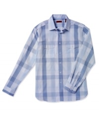 It's never been more hip to be square than in this big check shirt from Alfani RED. It's never been more hip to be square than in this big check shirt from Alfani RED.