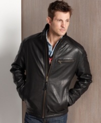 You'll exude cool, classic style in this comfortable leather bomber jacket from Marc New York. You'll exude cool, classic style in this comfortable leather bomber jacket from Marc New York.