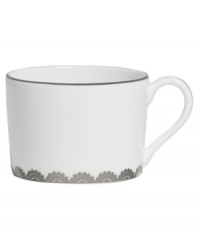 Vera Wang marries modern shapes with traditional lace in this set of dinnerware. The dishes are decidedly timeless. Platinum trim and banding add delicate feminine touches to this white bone china teacup. Vera Wang marries modern shapes with traditional lace in this set of dinnerware. The dishes are decidedly timeless. Platinum trim and banding add delicate feminine touches to this white bone china teacup.