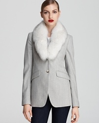 A removable plush fur collar brings versatility and luxury to this impeccably tailored Theory jacket. A removable plush fur collar brings versatility and luxury to this impeccably tailored Theory jacket.