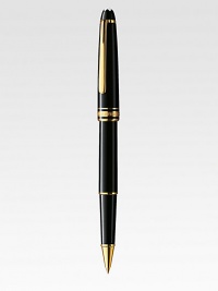 Rollerball tip, accented with gold-plated clip and rings and finished with barrel and cap made of precious black resin.RollerballGold-plated clipResin with inlaid logo emblemAbout 5¾ longMade in Germany