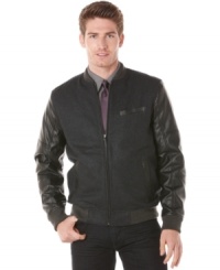 Add some serious style to your seasonal attire with this varsity-inspired bomber jacket from Perry Ellis. Add some serious style to your seasonal attire with this varsity-inspired bomber jacket from Perry Ellis.