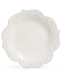 Revive the grace and charm of another era with Versailles Maison's Blanc Amelie dinner plate. A rich pattern is entirely embossed on classic dinnerware finished with a soft white glaze and distressed detail. Revive the grace and charm of another era with Versailles Maison's Blanc Amelie dinner plate. A rich pattern is entirely embossed on classic dinnerware finished with a soft white glaze and distressed detail.