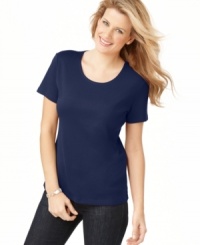 Karen Scott's basic tee has a contoured fit that always looks chic. Priced well, stock up on these must-have tops and build your wardrobe from here! Karen Scott's basic tee has a contoured fit that always looks chic. Priced well, stock up on these must-have tops and build your wardrobe from here!